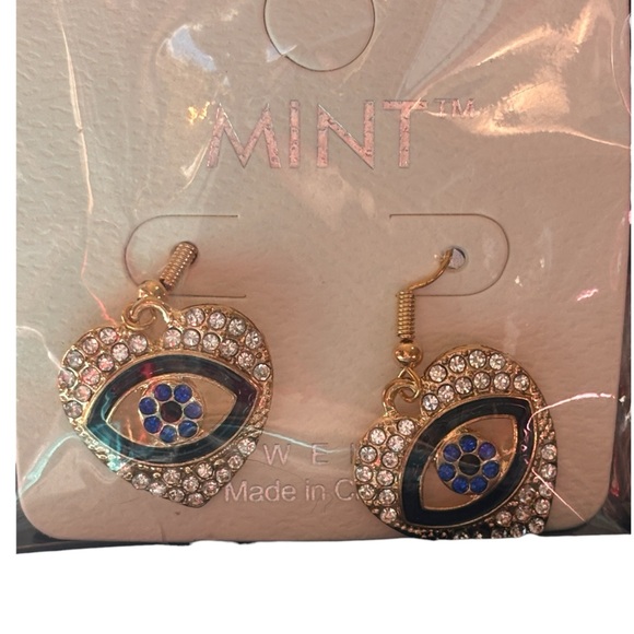 Mint Gold Rhinestone Evil Eye Drop Earrings NWT - Picture 3 of 4